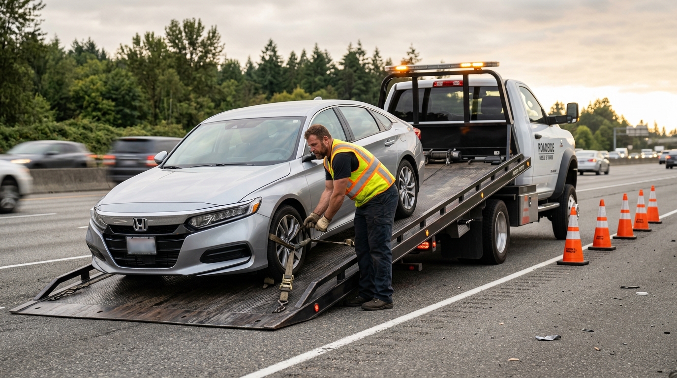 Long's Towing and Recovery flatbed tow truck operator securing a passenger vehicle safely on the highway shoulder