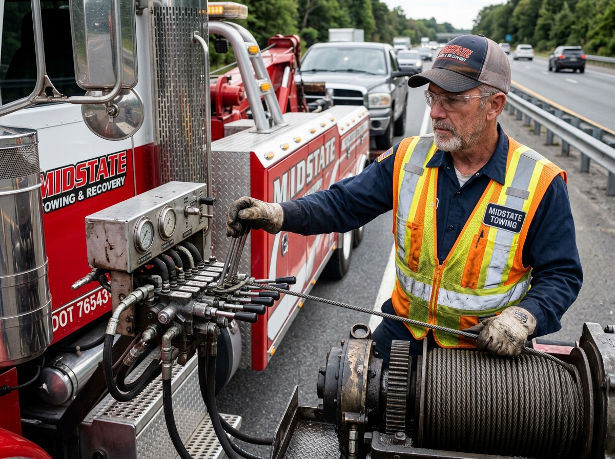 Certified towing operator operating hydraulic levers on heavy recovery vehicle