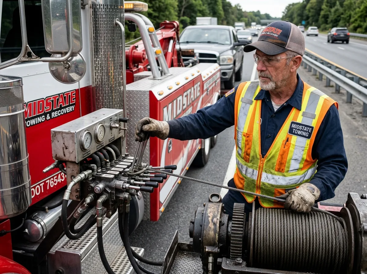 Experienced towing operator handling hydraulic controls with safety equipment